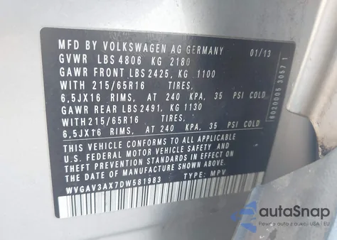 2013 Volkswagen Tiguan S z USA, uszkodzony, nr VIN WVGAV3AX7DW581983